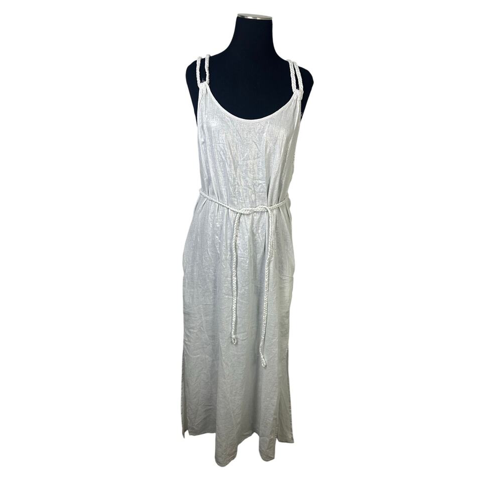 Tahari NWT Women’s Silver Metallic Linen Blend Swim Cover Up Maxi Dress Medium